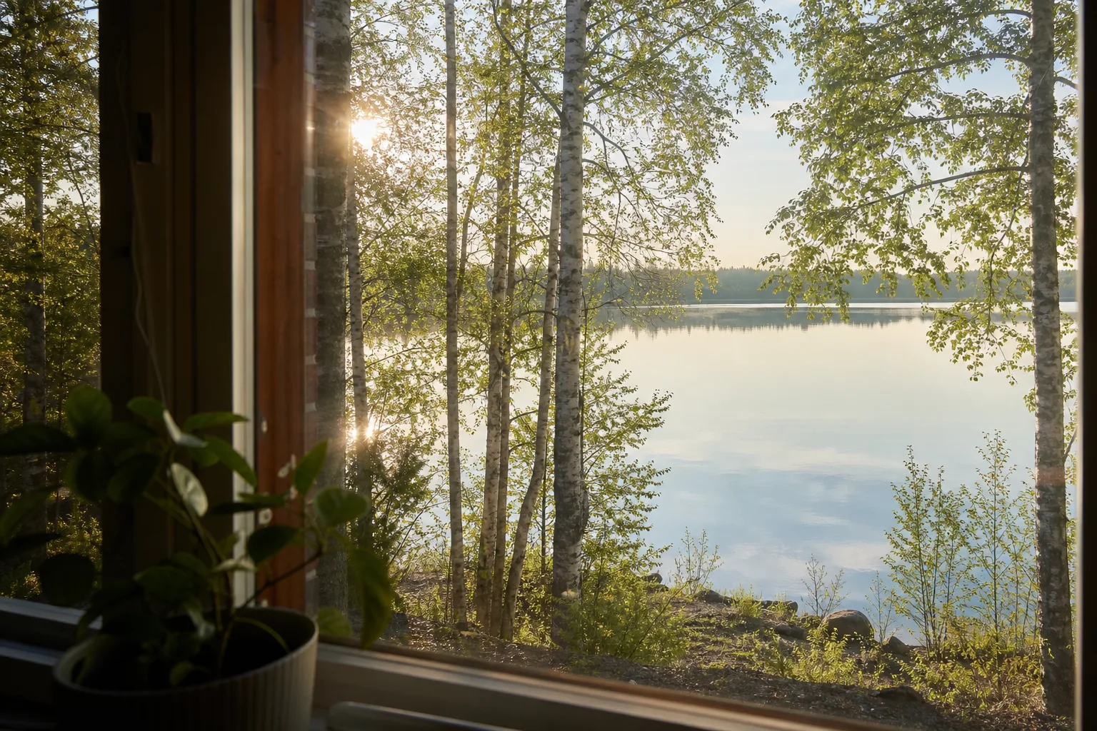Näkymä ikkunasta järvelle ja koivuille