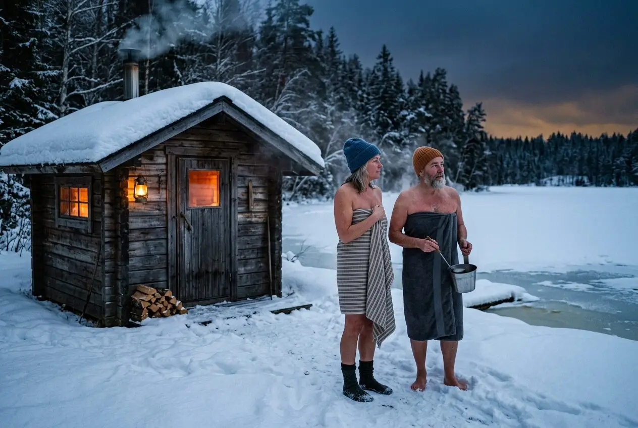 Savusauna hohtaa lämpimänä talvi-iltana jäätyneen järven rannalla.